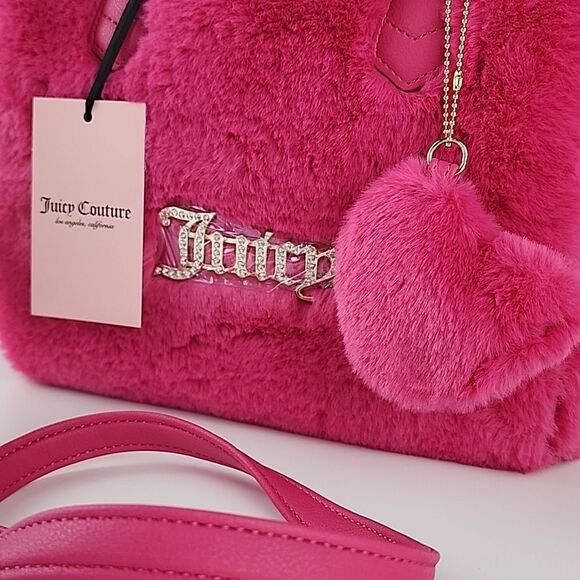 Juicy couture free love fluffy satchel furry faux fur hot pink heart nwt new - Picture 2 of 6